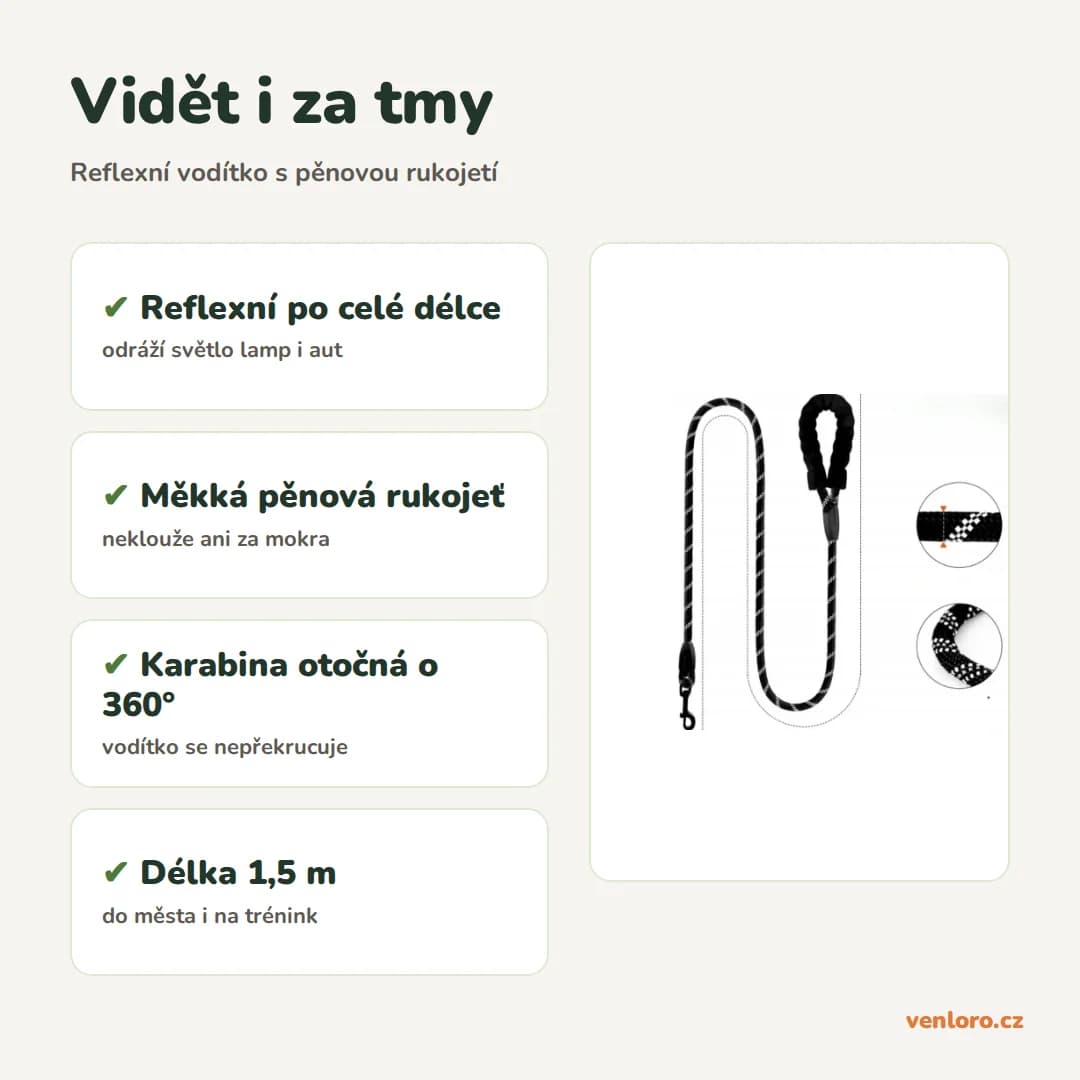 Reflexní vodítko pro psy 1,5 m s pěnovou rukojetí, černé – Vidět i za tmy