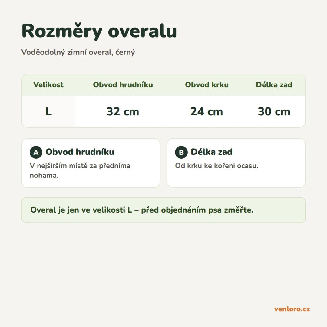 Voděodolný zimní overal pro psy s nohavicemi, černý, L – Rozměry overalu