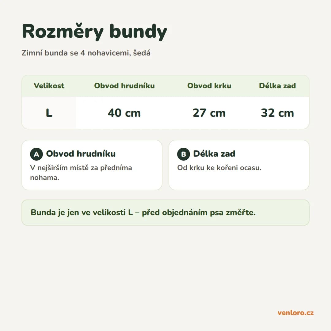 Zimní bunda pro psy se 4 nohavicemi, šedá, L – Rozměry bundy