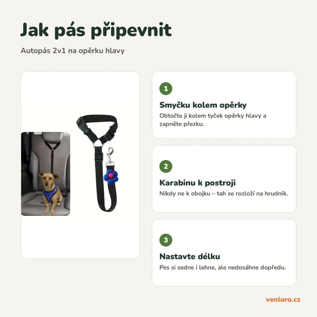 Bezpečnostní pás do auta pro psy 2v1 – autopás na opěrku a vodítko – Jak pás připevnit