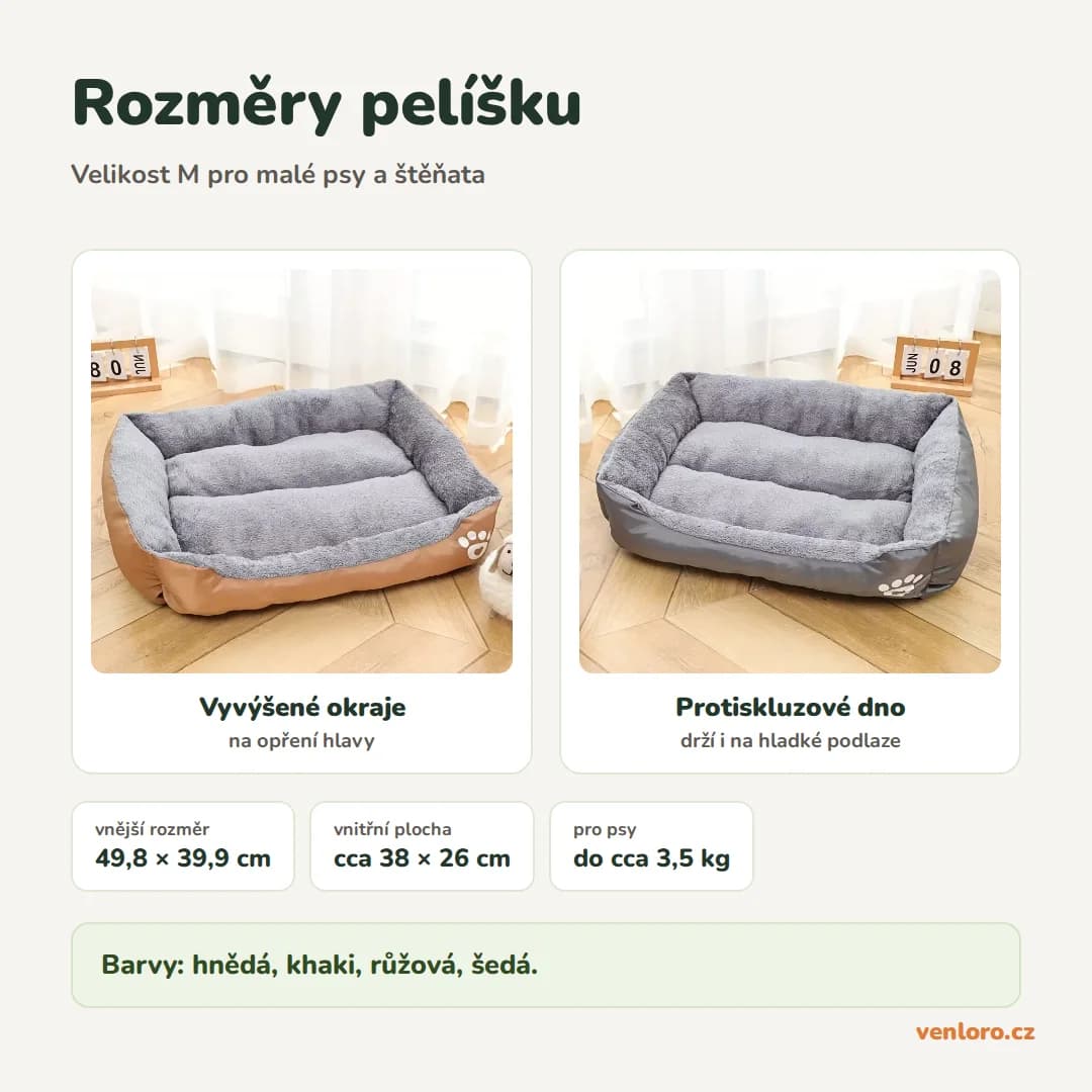Měkký pelíšek pro malé psy a štěňata s vyvýšenými okraji, 50 × 40 cm – Rozměry pelíšku
