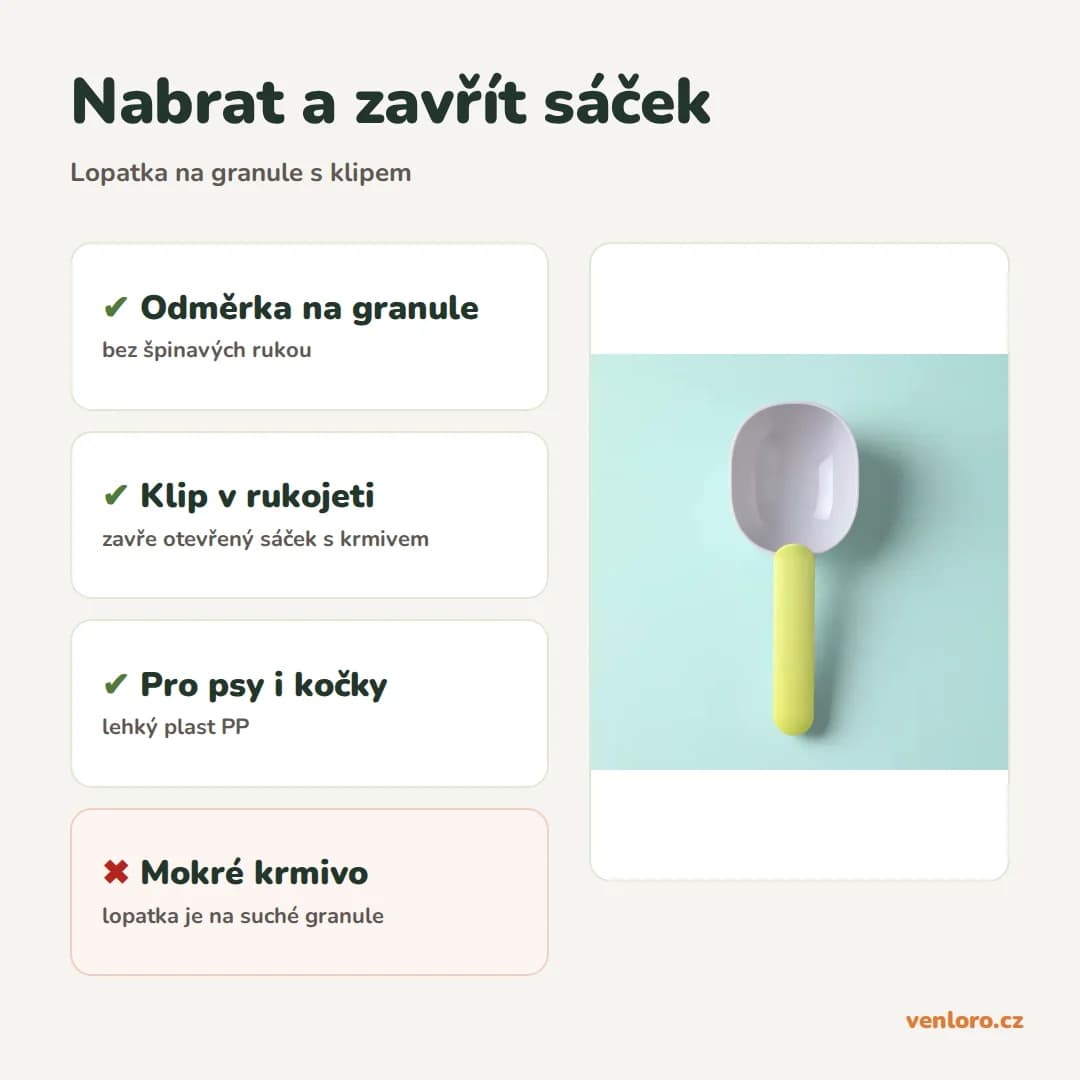 Lopatka na granule s klipem na uzavření sáčku – Nabrat a zavřít sáček