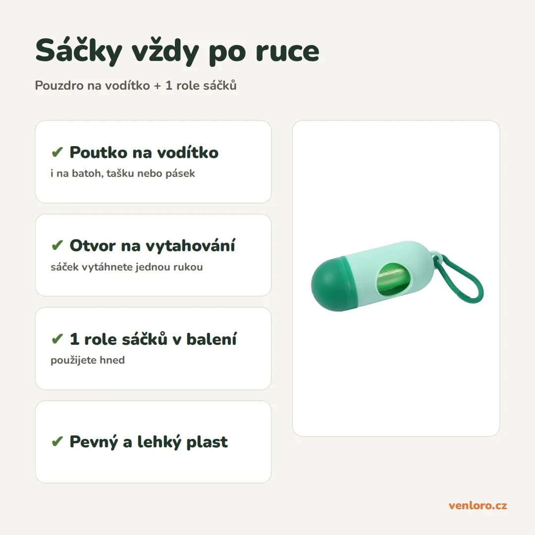 Plastové pouzdro na sáčky na psí exkrementy s poutkem + 1 role – Sáčky vždy po ruce