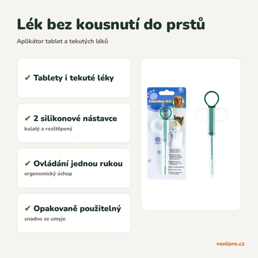 Dávkovač léků pro psy a kočky – aplikátor tablet se silikonovými nástavci – Lék bez kousnutí do prstů