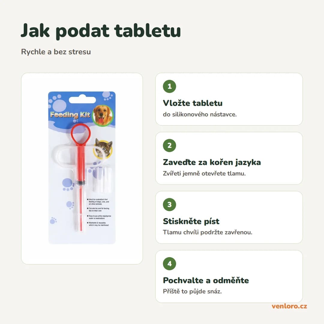 Dávkovač léků pro psy a kočky – aplikátor tablet se silikonovými nástavci – Jak podat tabletu
