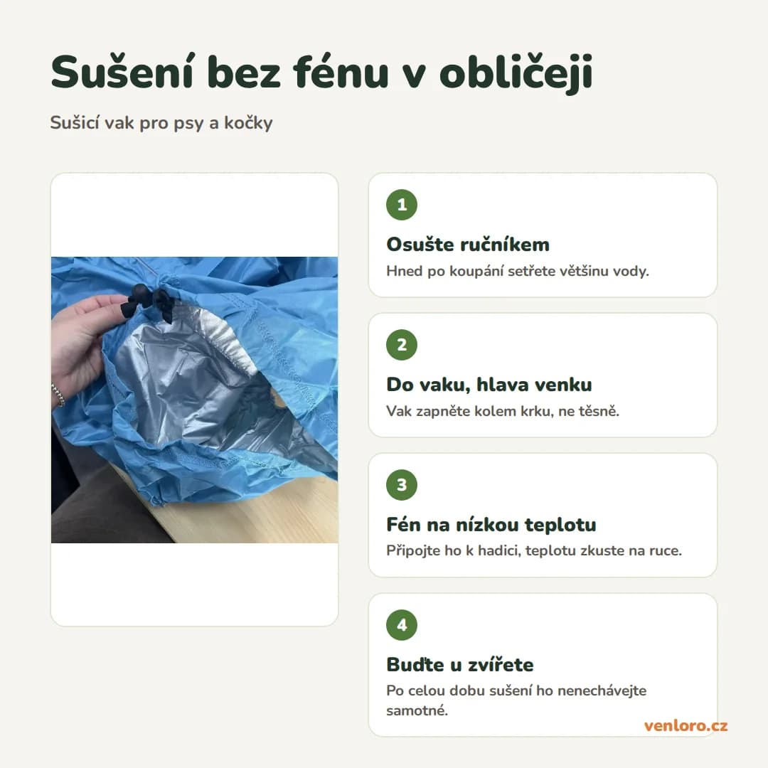 Sušicí vak pro psy a kočky na fén, velikost S–XL – Sušení bez fénu v obličeji