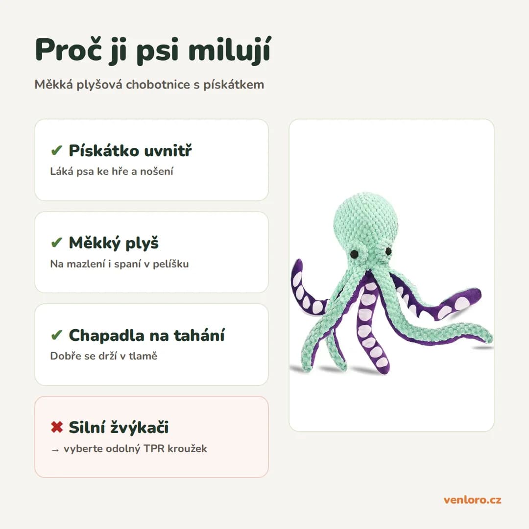 Plyšová chobotnice s pískátkem pro psy – Proč ji psi milují