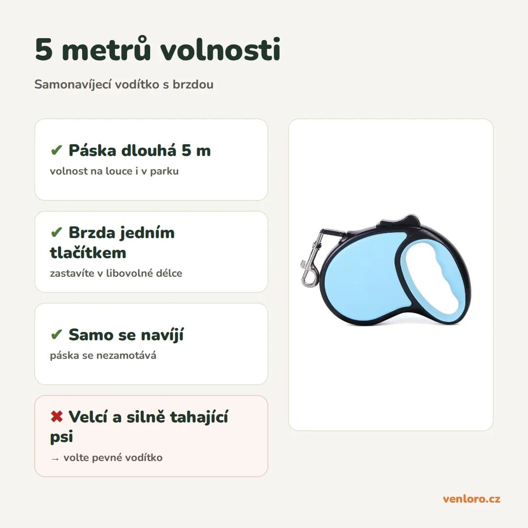 Samonavíjecí vodítko pro psy 5 m s brzdou – pro malé a střední psy – 5 metrů volnosti