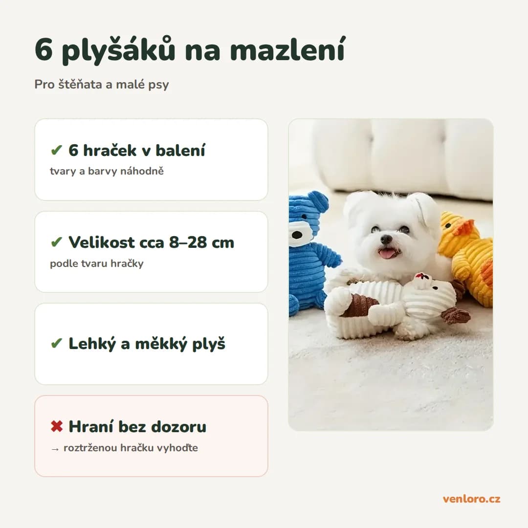 Plyšové hračky pro štěňata a malé psy, sada 6 ks – 6 plyšáků na mazlení
