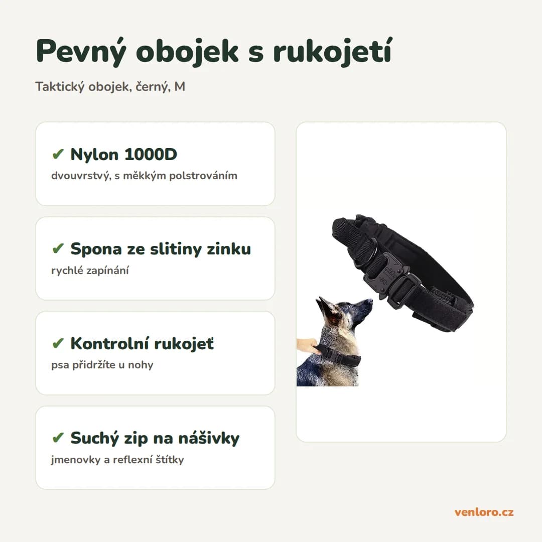 Taktický obojek pro psy s kovovou sponou a rukojetí, černý, M – Pevný obojek s rukojetí