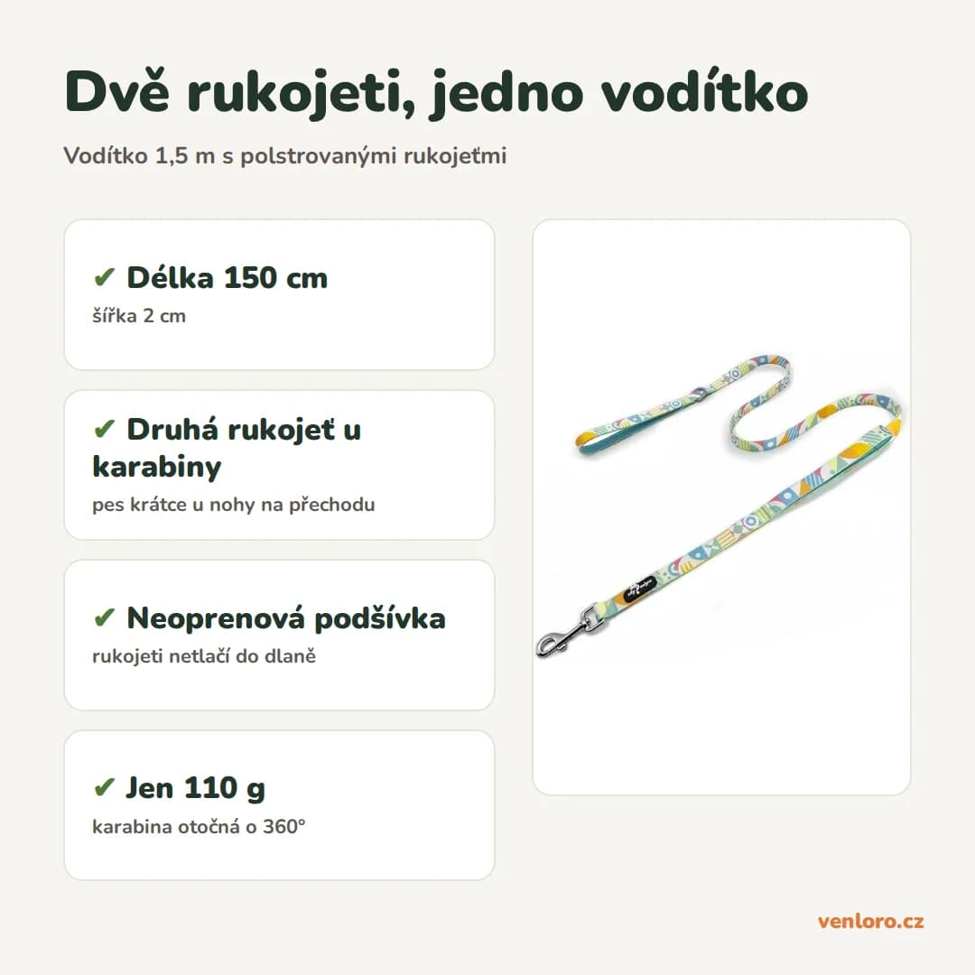 Vodítko pro psy 1,5 m s dvojitou polstrovanou rukojetí, modré – Dvě rukojeti, jedno vodítko