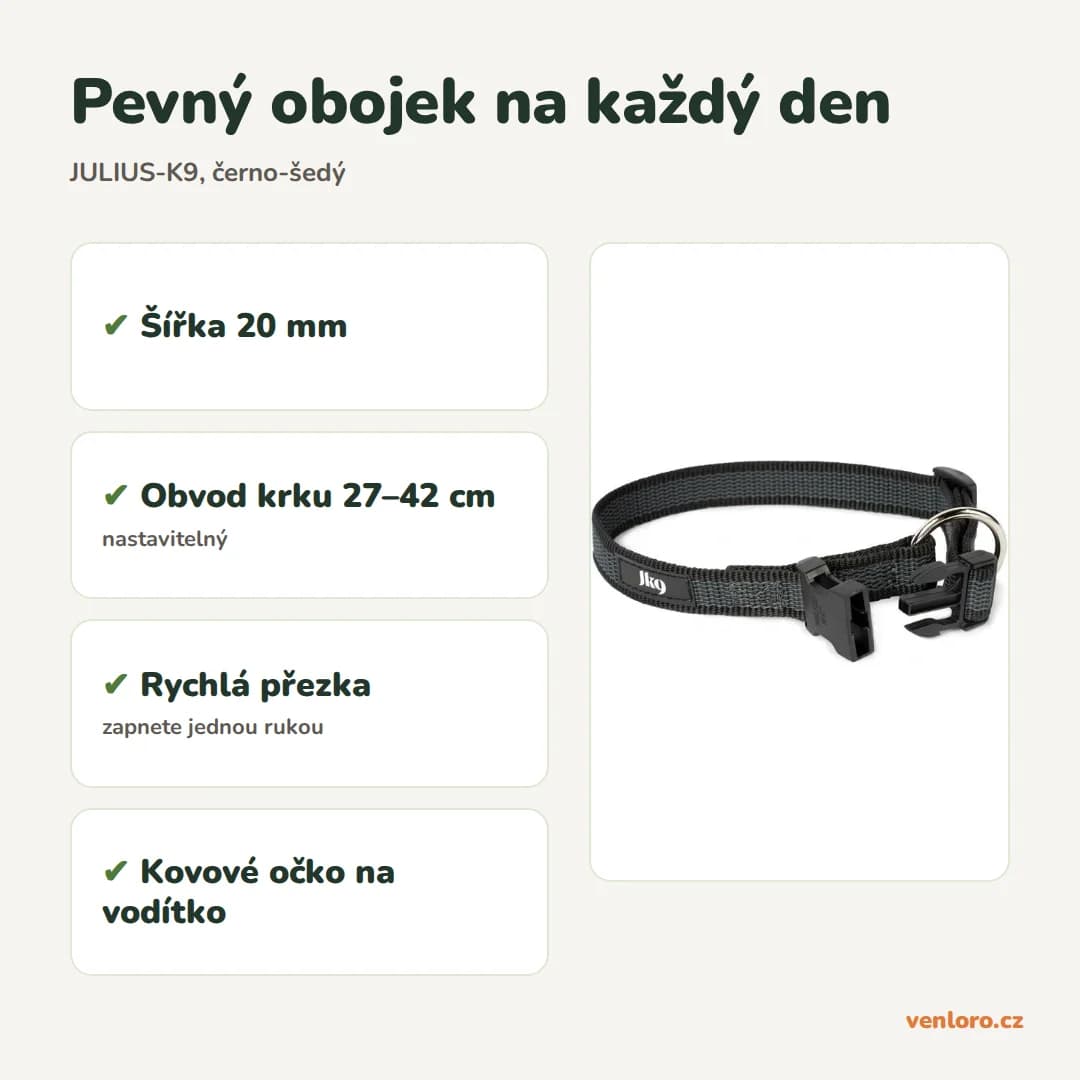 Obojek pro psy JULIUS-K9, černo-šedý, 20 mm, obvod 27–42 cm – Pevný obojek na každý den