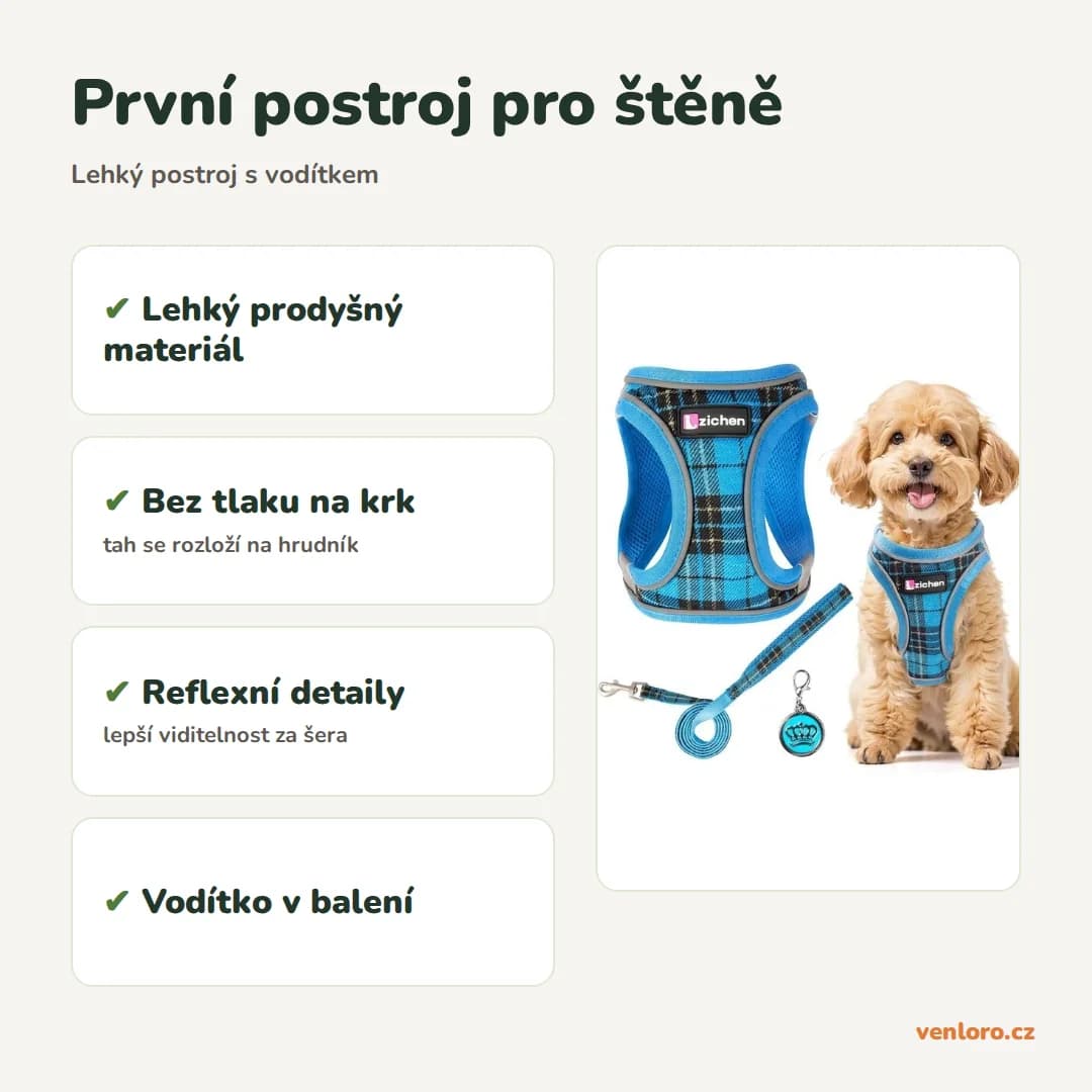 Lehký postroj pro malé psy a štěňata Jokureao s vodítkem – První postroj pro štěně