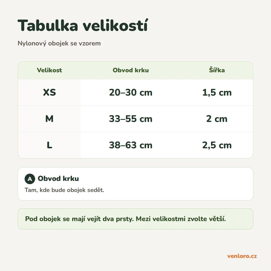 Měkký nylonový obojek pro psy s květinovým vzorem HQYDDMI, XS–L – Tabulka velikostí