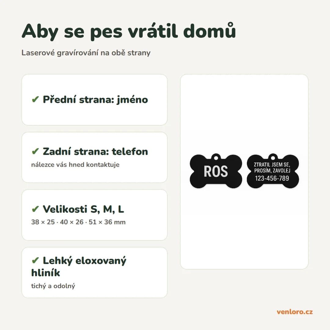 Psí známka ve tvaru kosti z hliníku s gravírováním, S–L – Aby se pes vrátil domů