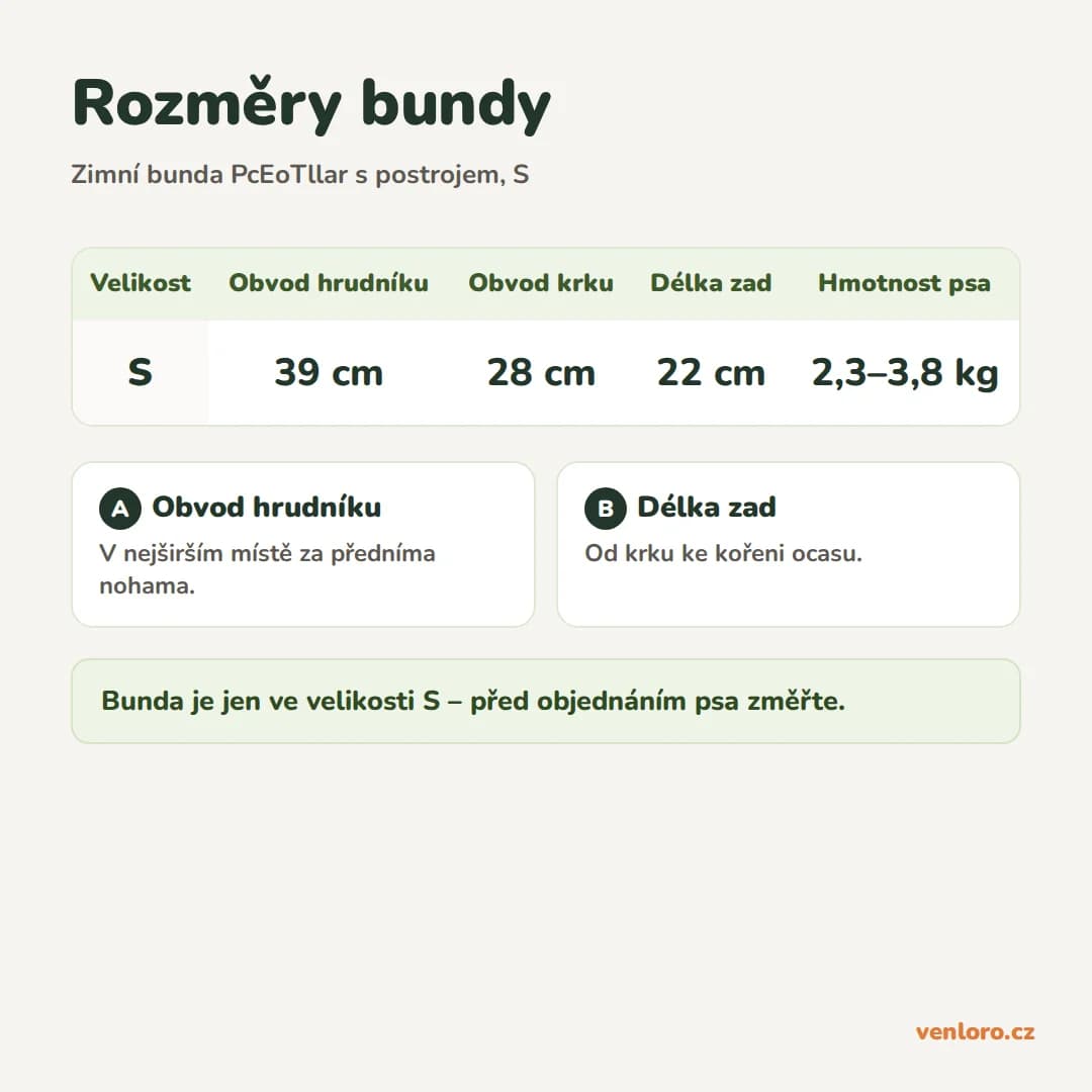 Outlet - Nepromokavá zimní bunda pro psy PcEoTllar s postrojem, S – Rozměry bundy