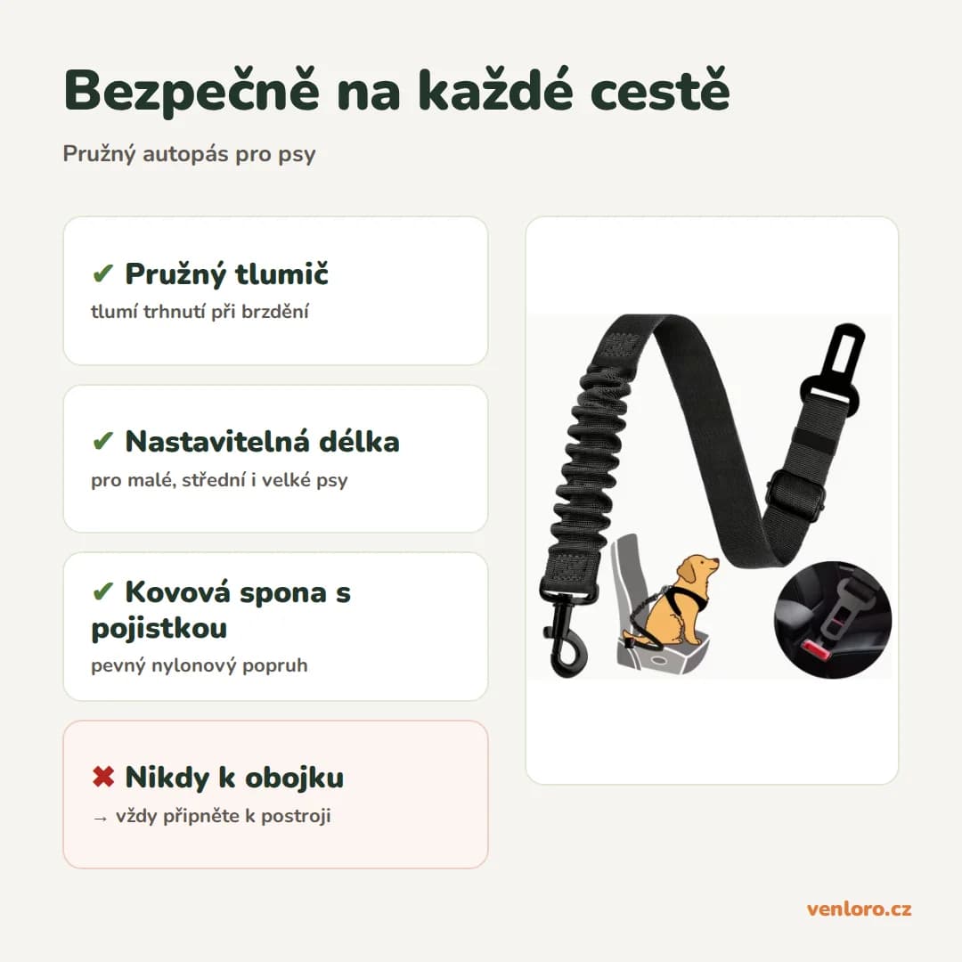 Pružný bezpečnostní pás do auta pro psy s kovovou sponou – Bezpečně na každé cestě