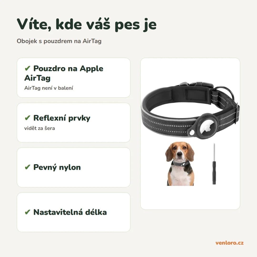 Reflexní obojek pro psy VSSHE s pouzdrem na AirTag, černý, L – Víte, kde váš pes je