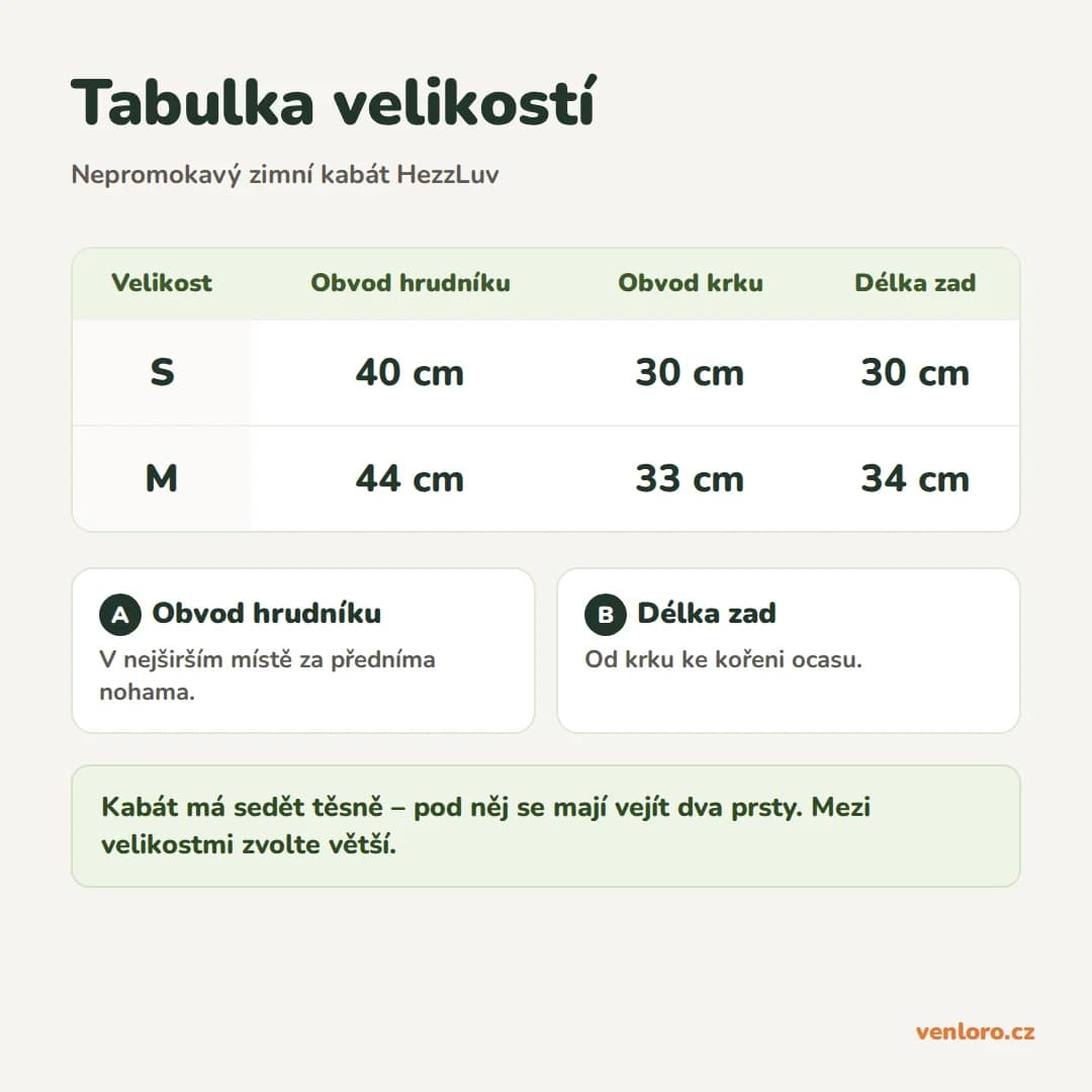 Nepromokavý zimní kabát pro psy HezzLuv s reflexními prvky, M – Tabulka velikostí