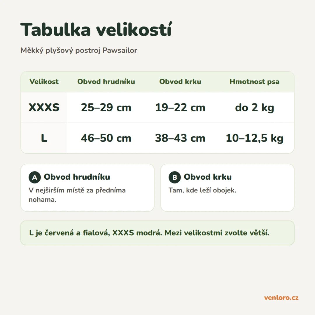Měkký plyšový postroj pro psy Pawsailor, velikost L – Tabulka velikostí