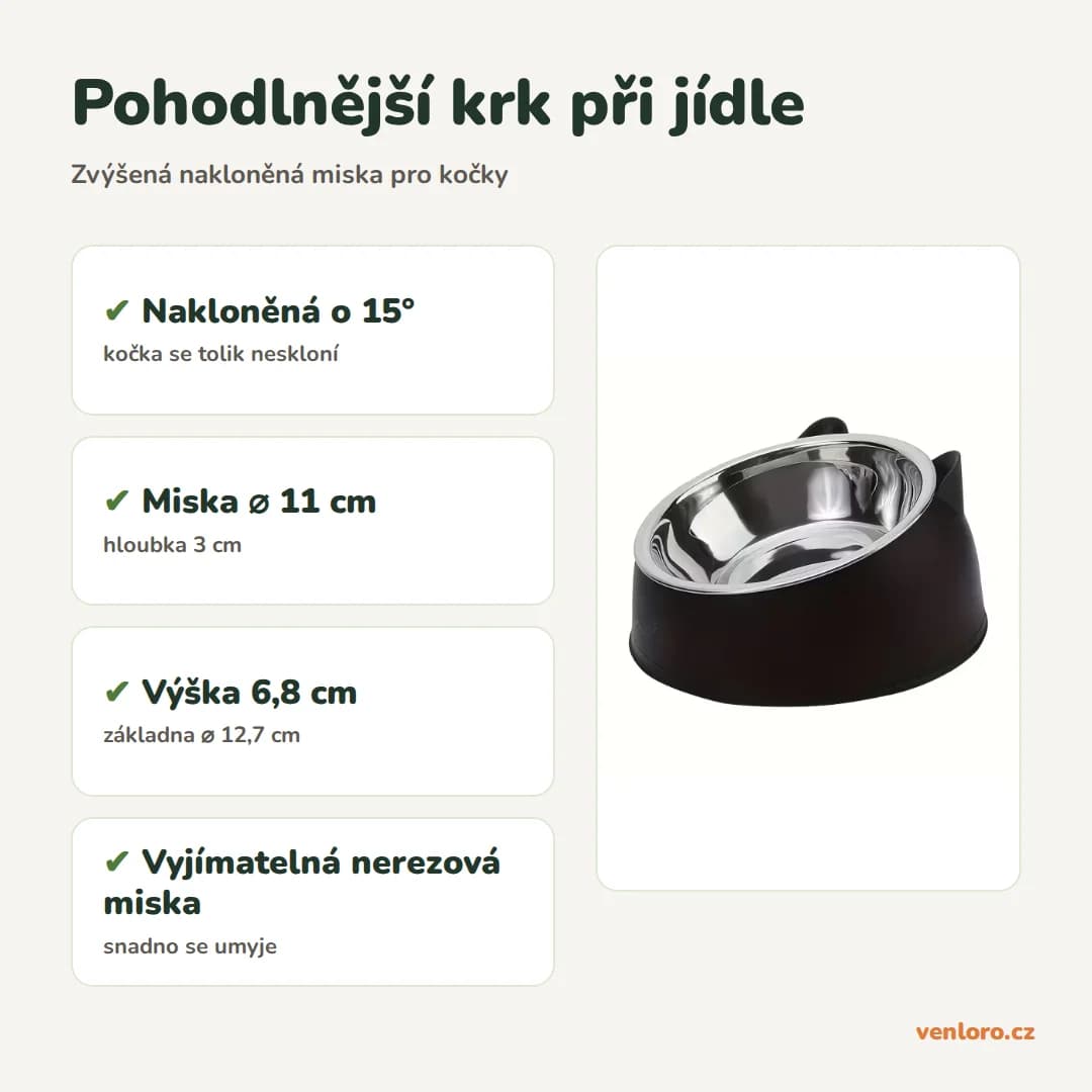 Zvýšená nerezová miska pro kočky se stojánkem s oušky, černá – Pohodlnější krk při jídle