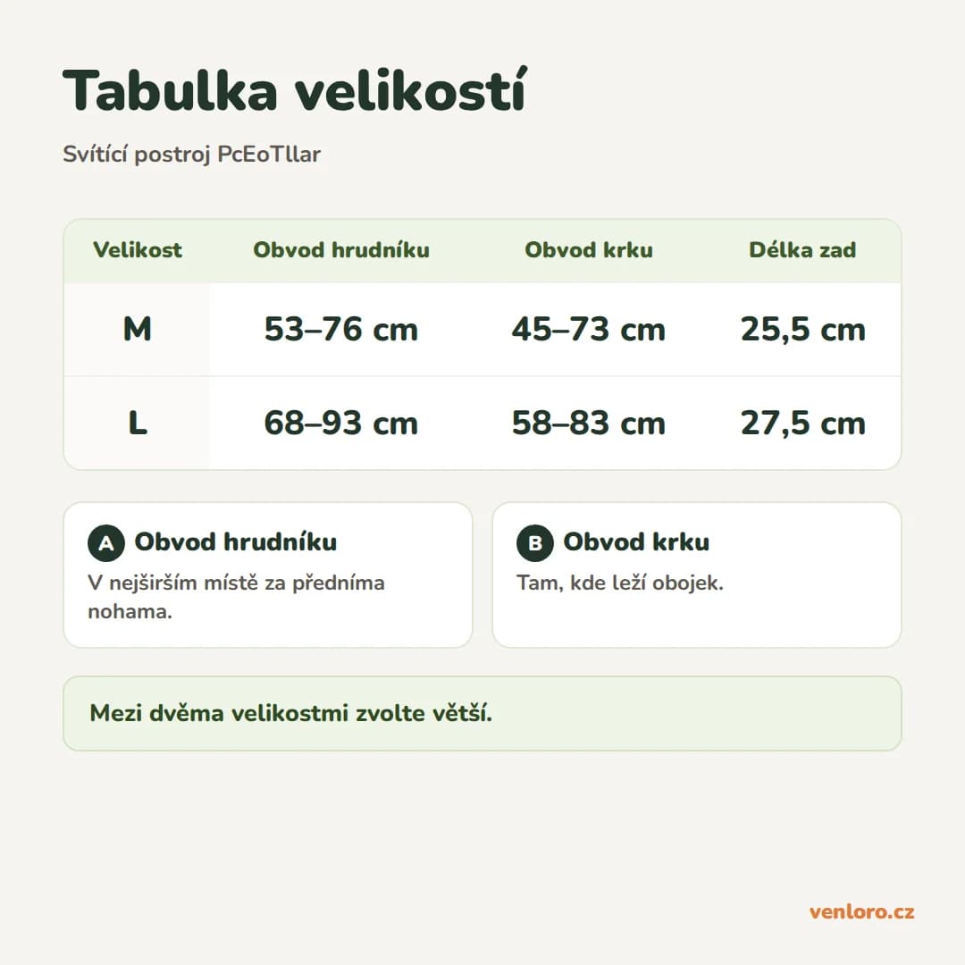 Dobíjecí svítící postroj pro psy PcEoTllar, hnědý, velikost L – Tabulka velikostí
