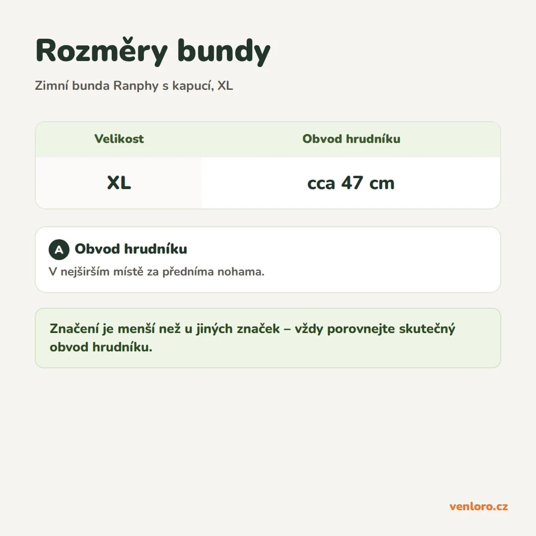 Zimní bunda pro psy Ranphy s kapucí a fleecovou podšívkou, XL – Rozměry bundy
