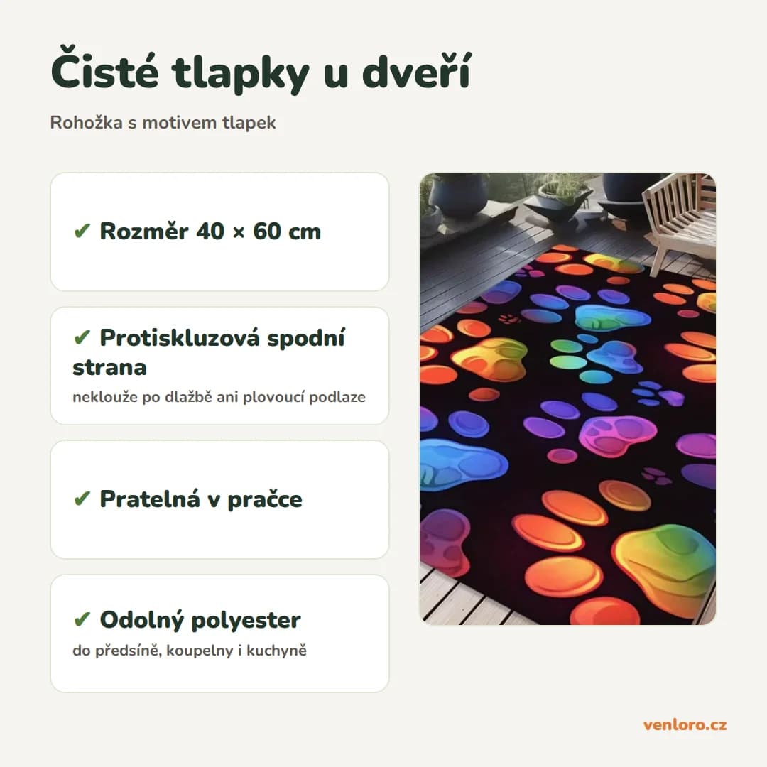 Protiskluzová rohožka s motivem psích tlapek, 40 × 60 cm – Čisté tlapky u dveří