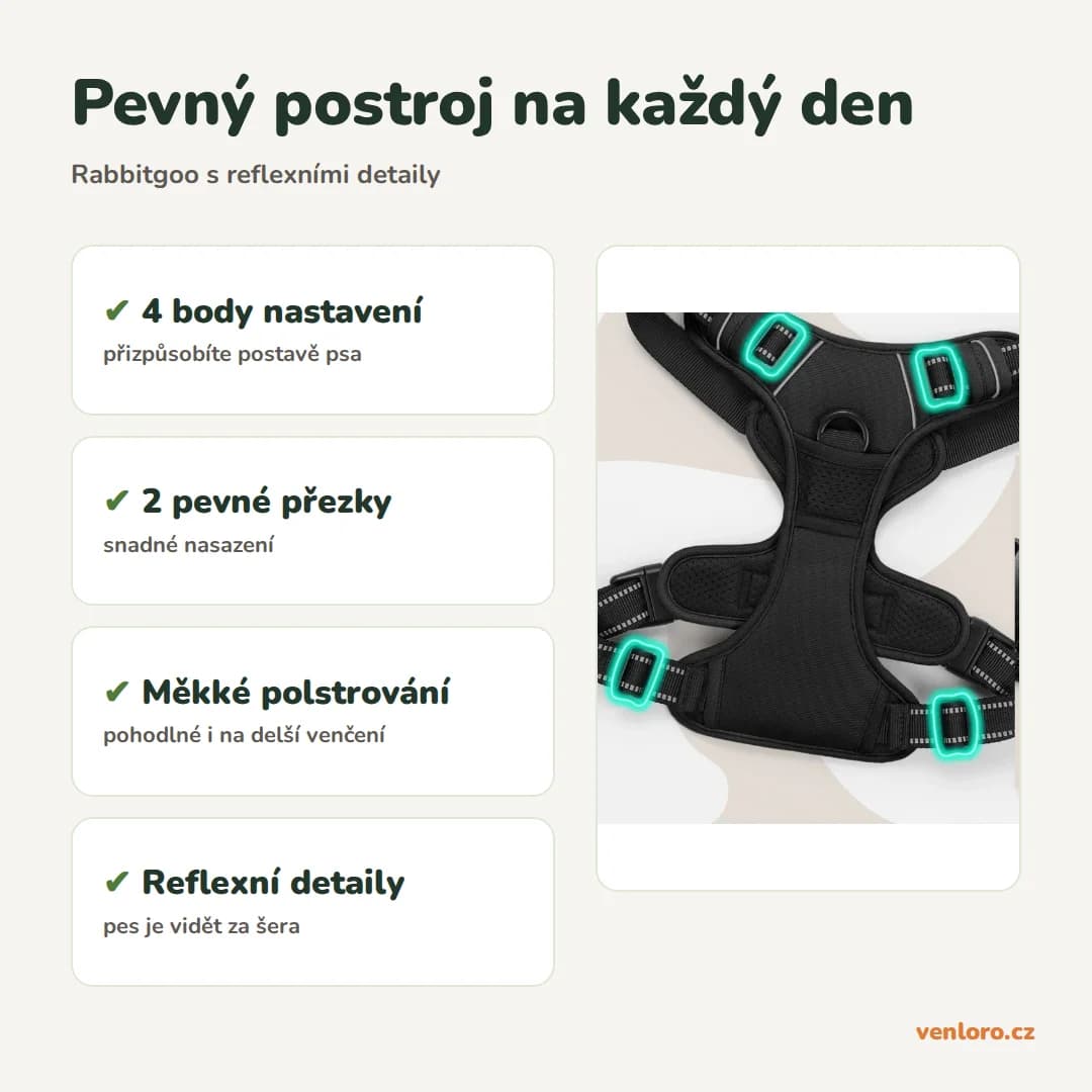 Reflexní postroj pro psy Rabbitgoo, černý, velikost M – Pevný postroj na každý den