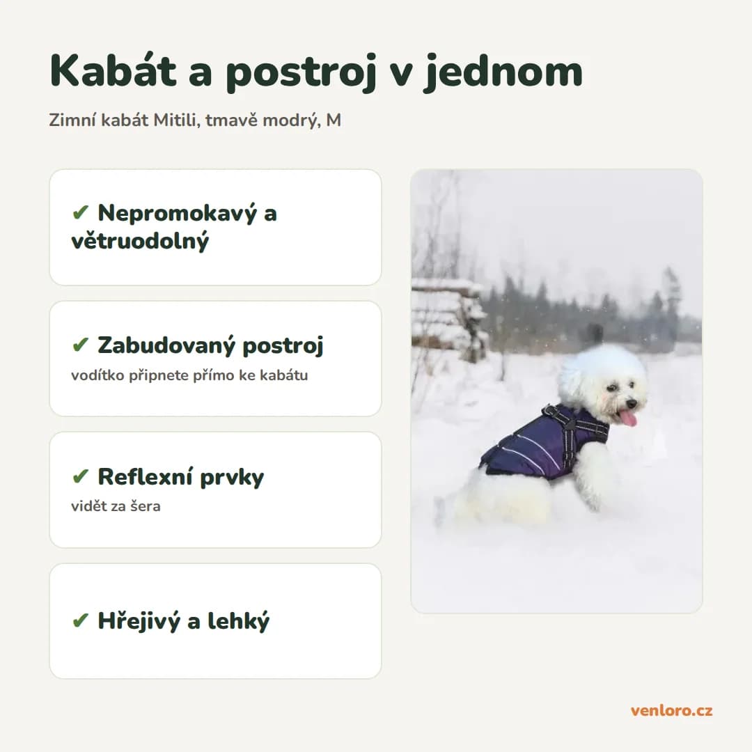 Nepromokavý zimní kabát pro psy s integrovaným postrojem Mitili, tmavě modrý, M – Kabát a postroj v jednom