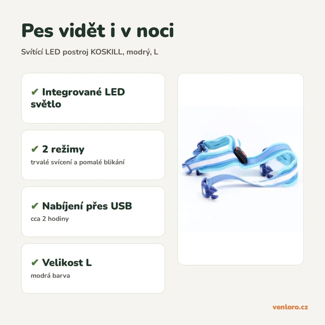 Outlet - Svítící LED postroj pro psy KOSKILL s USB nabíjením, modrý, L – Pes vidět i v noci