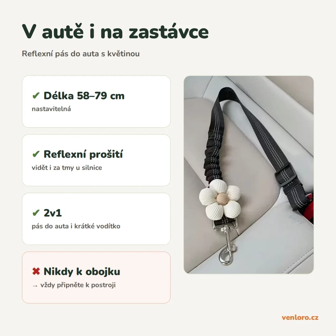 Reflexní bezpečnostní pás do auta pro psy, černý s květy – V autě i na zastávce