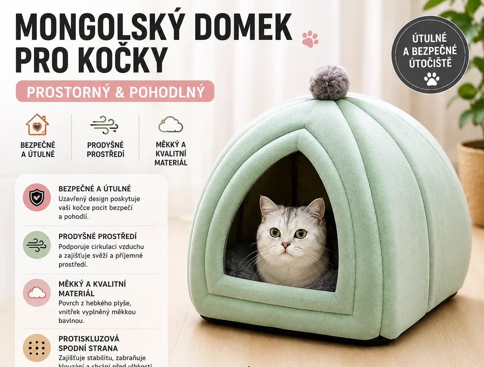 Pelíšek pro kočky ve tvaru jurty s dekou, S–XL – měkký domeček s protiskluzovým dnem
