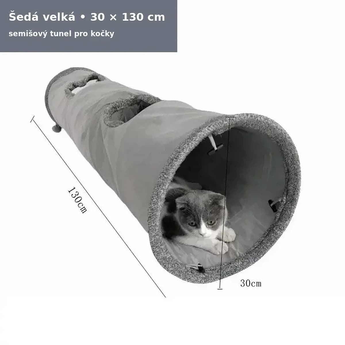 Skládací semišový tunel pro kočky se závěsnou hračkou, 67 a 130 cm – šedá, velká 30 × 130 cm