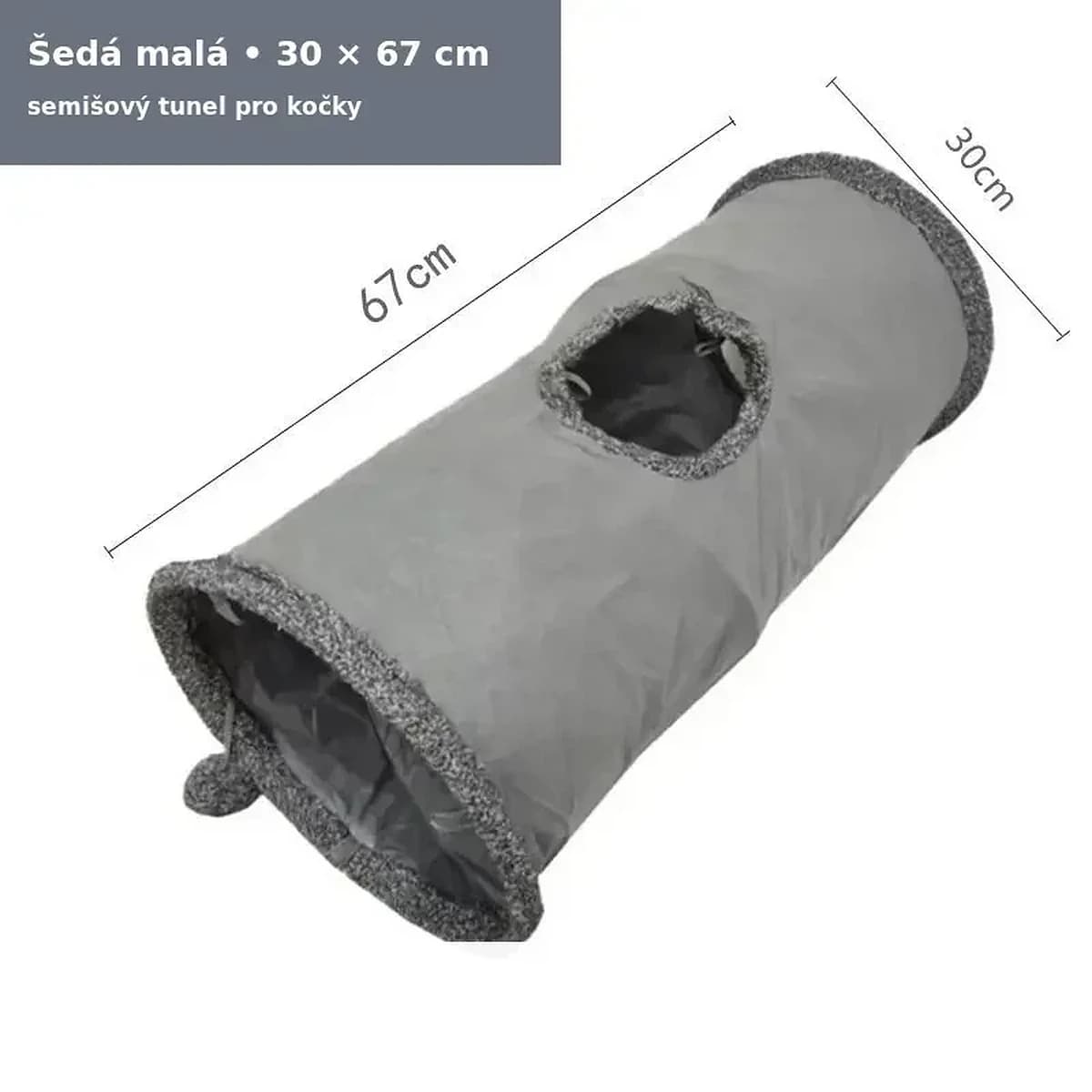 Skládací semišový tunel pro kočky se závěsnou hračkou, 67 a 130 cm – šedá, malá 30 × 67 cm
