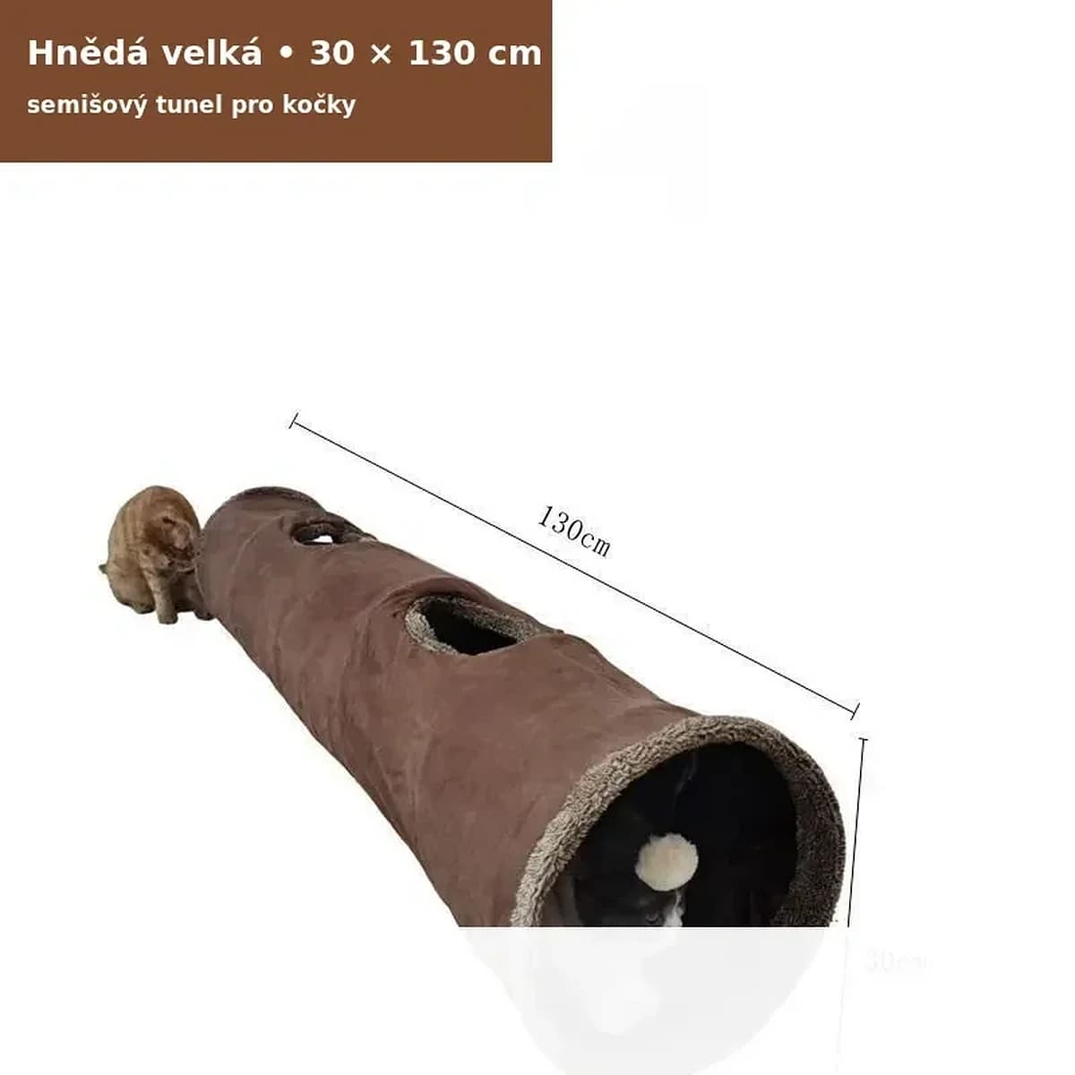 Skládací semišový tunel pro kočky se závěsnou hračkou, 67 a 130 cm – hnědá, velká 30 × 130 cm