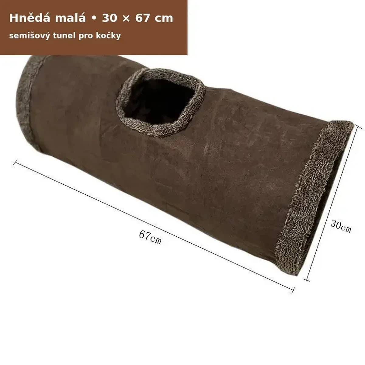 Skládací semišový tunel pro kočky se závěsnou hračkou, 67 a 130 cm – hnědá, malá 30 × 67 cm