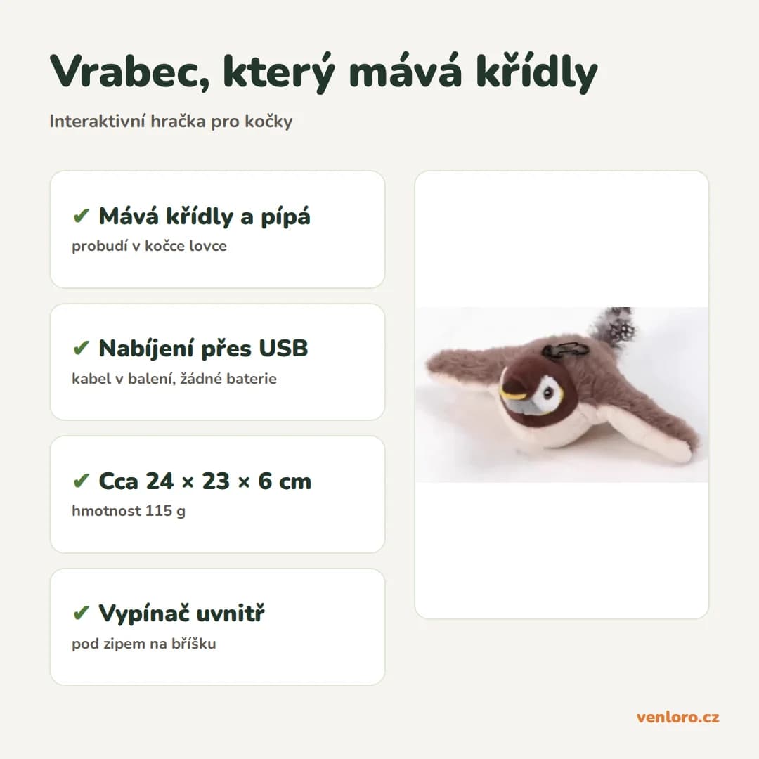 Interaktivní vrabec – mává křídly, USB nabíjení, 115 g
