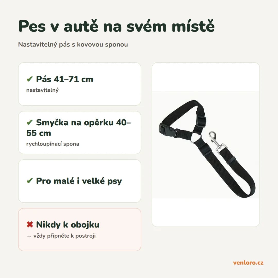 Bezpečnostní pás do auta pro psy s kovovou sponou, nastavitelný – Pes v autě na svém místě