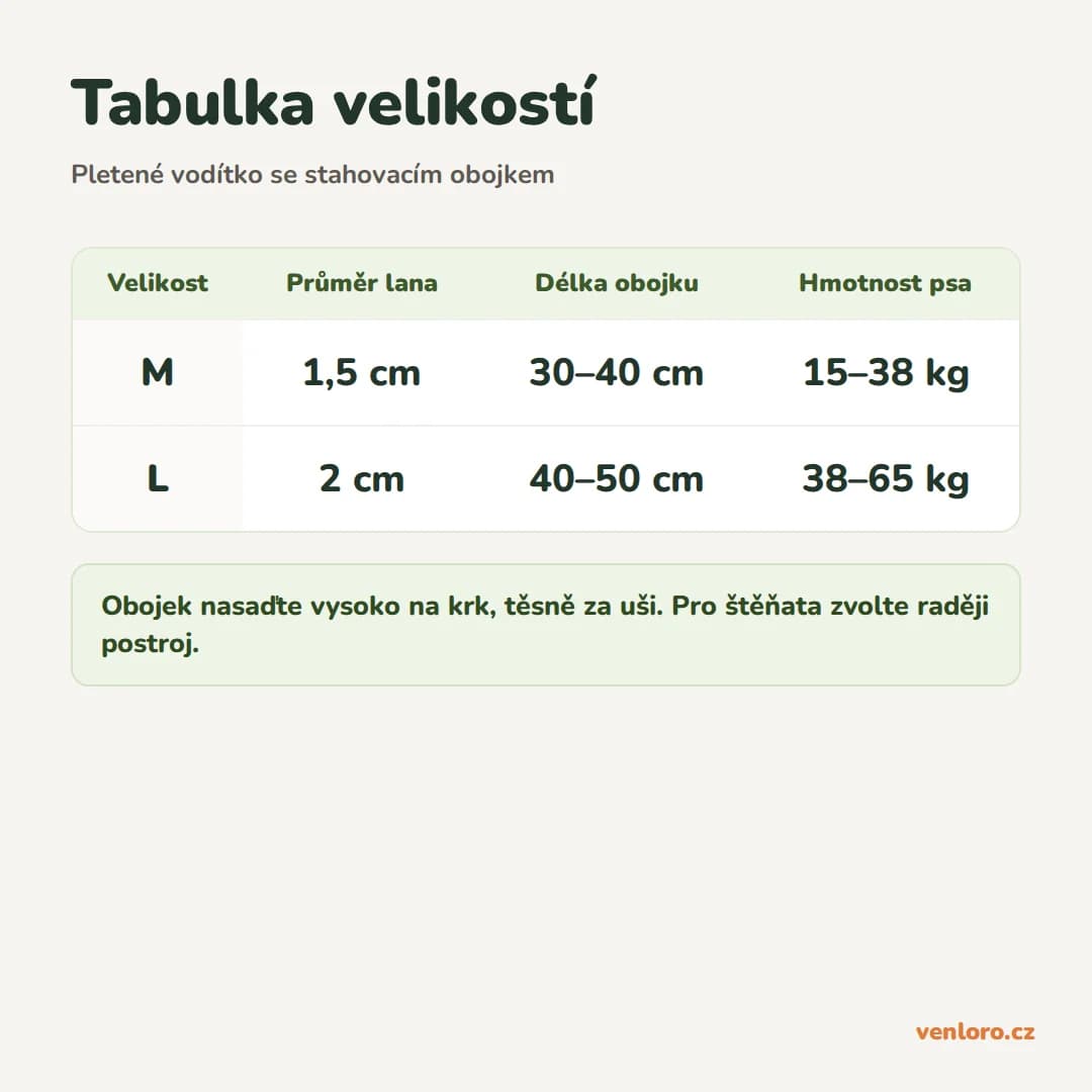 Pletené vodítko pro psy s kovovým stahovacím obojkem, 1,5 m – Tabulka velikostí