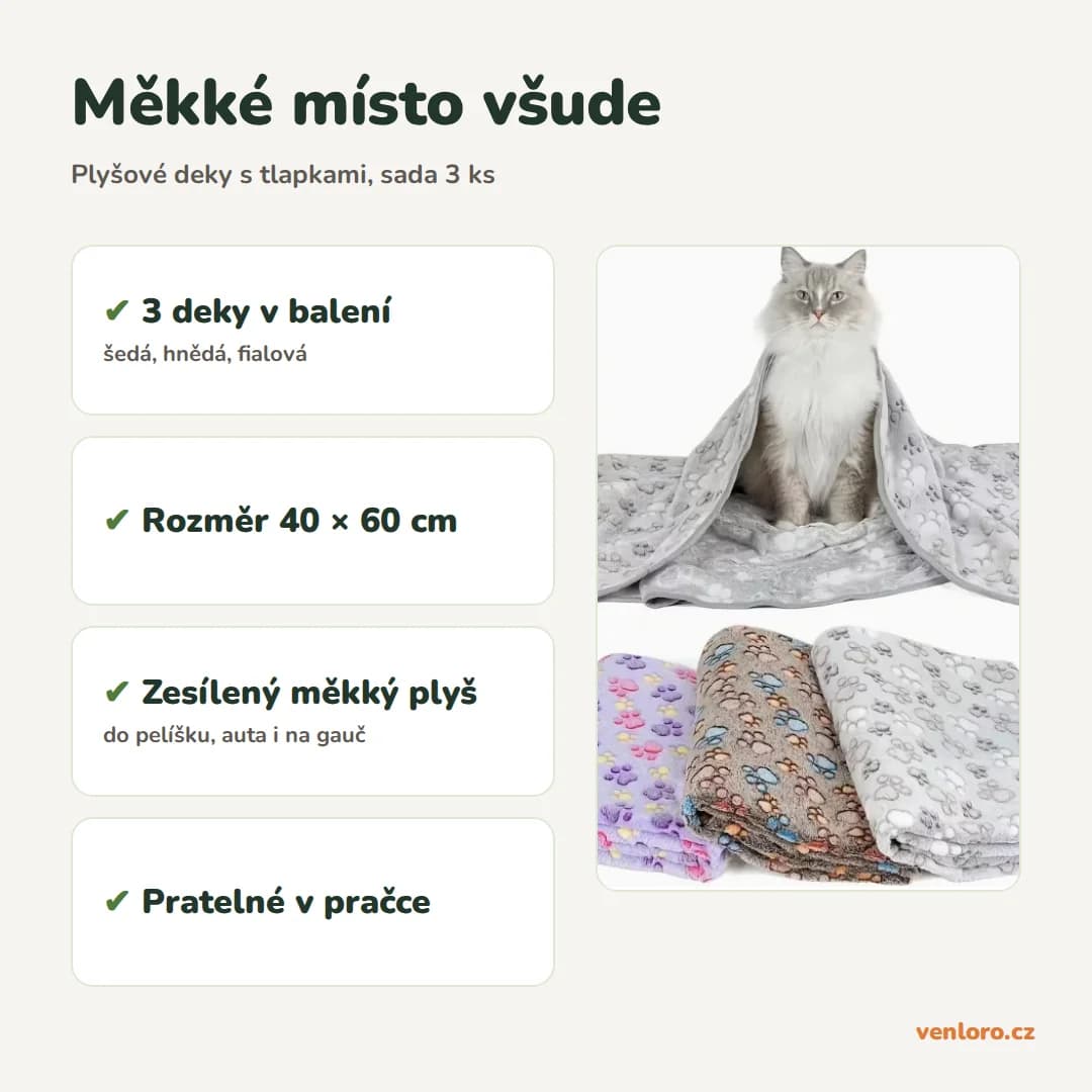 Plyšové deky pro psy 40 × 60 cm, sada 3 ks, motiv tlapek a kosti – Měkké místo všude