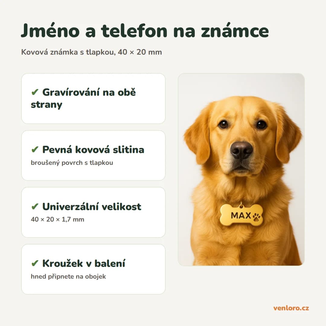 Kovová psí známka ve tvaru kosti s tlapkou, s gravírováním – Jméno a telefon na známce