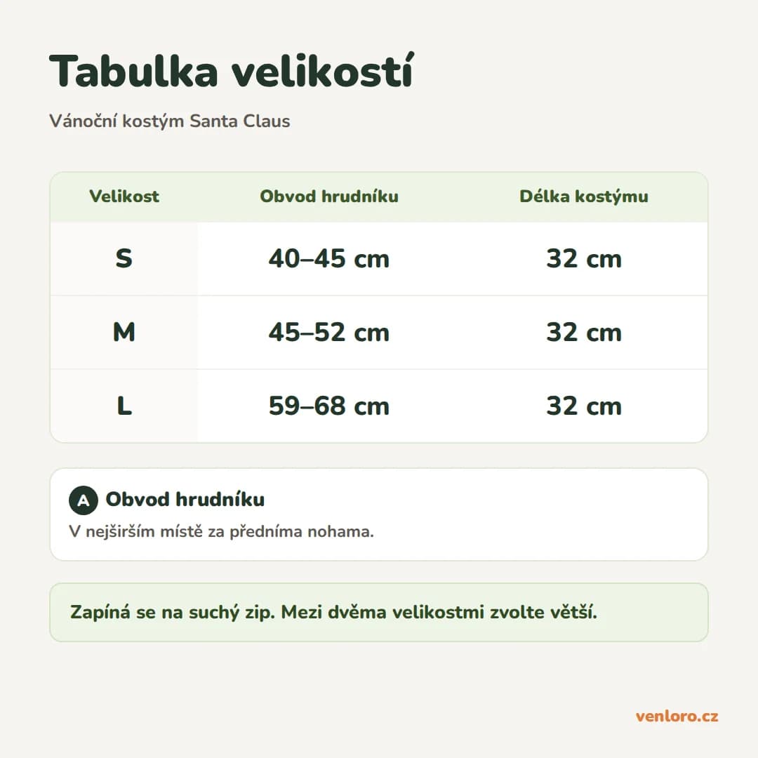 Vánoční kostým Santa Claus pro psy, S–L – Tabulka velikostí