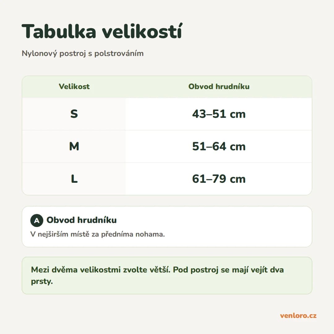 Nastavitelný nylonový postroj pro psy s polstrováním, S–L – Tabulka velikostí