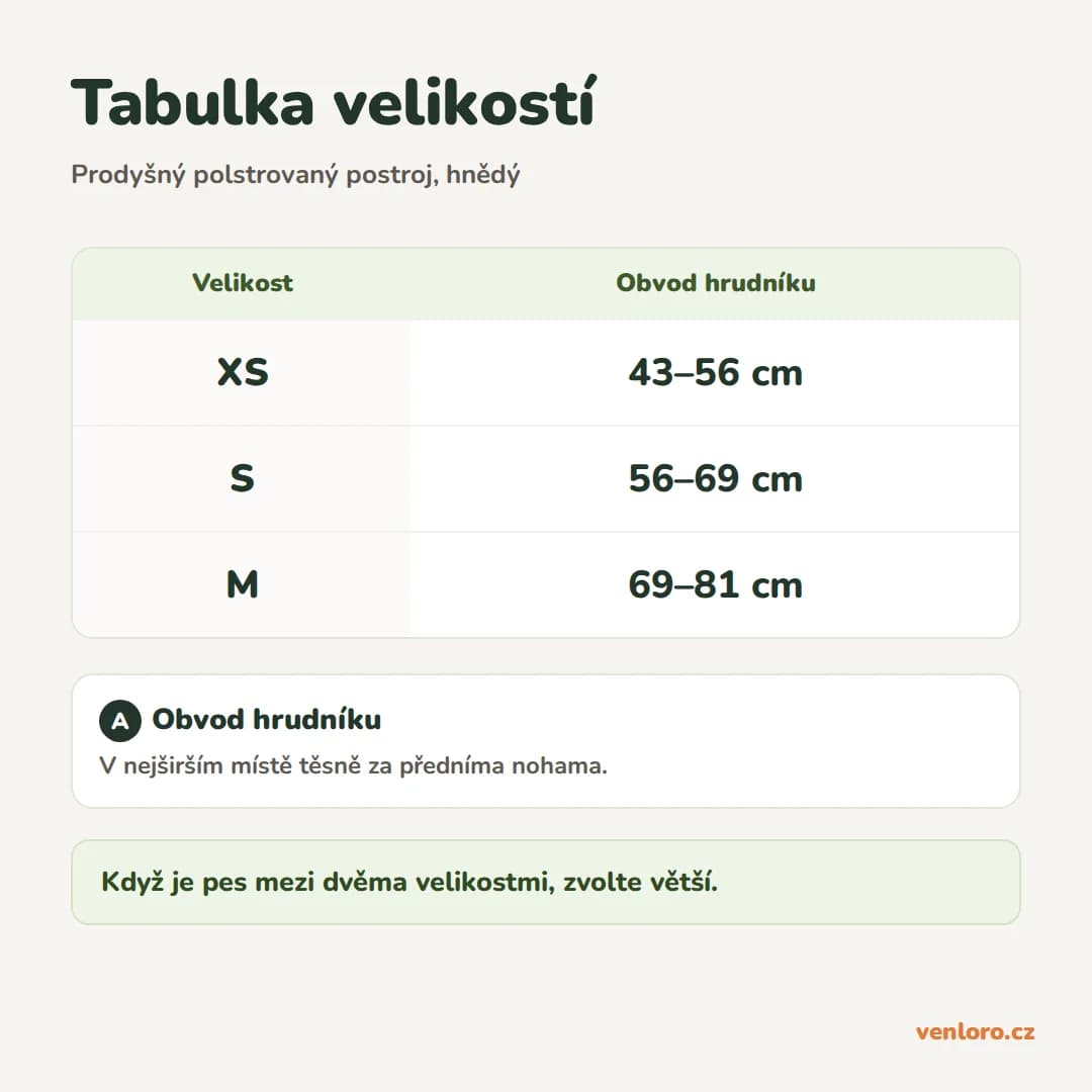 Prodyšný polstrovaný postroj, hnědý – tabulka velikostí XS, S, M