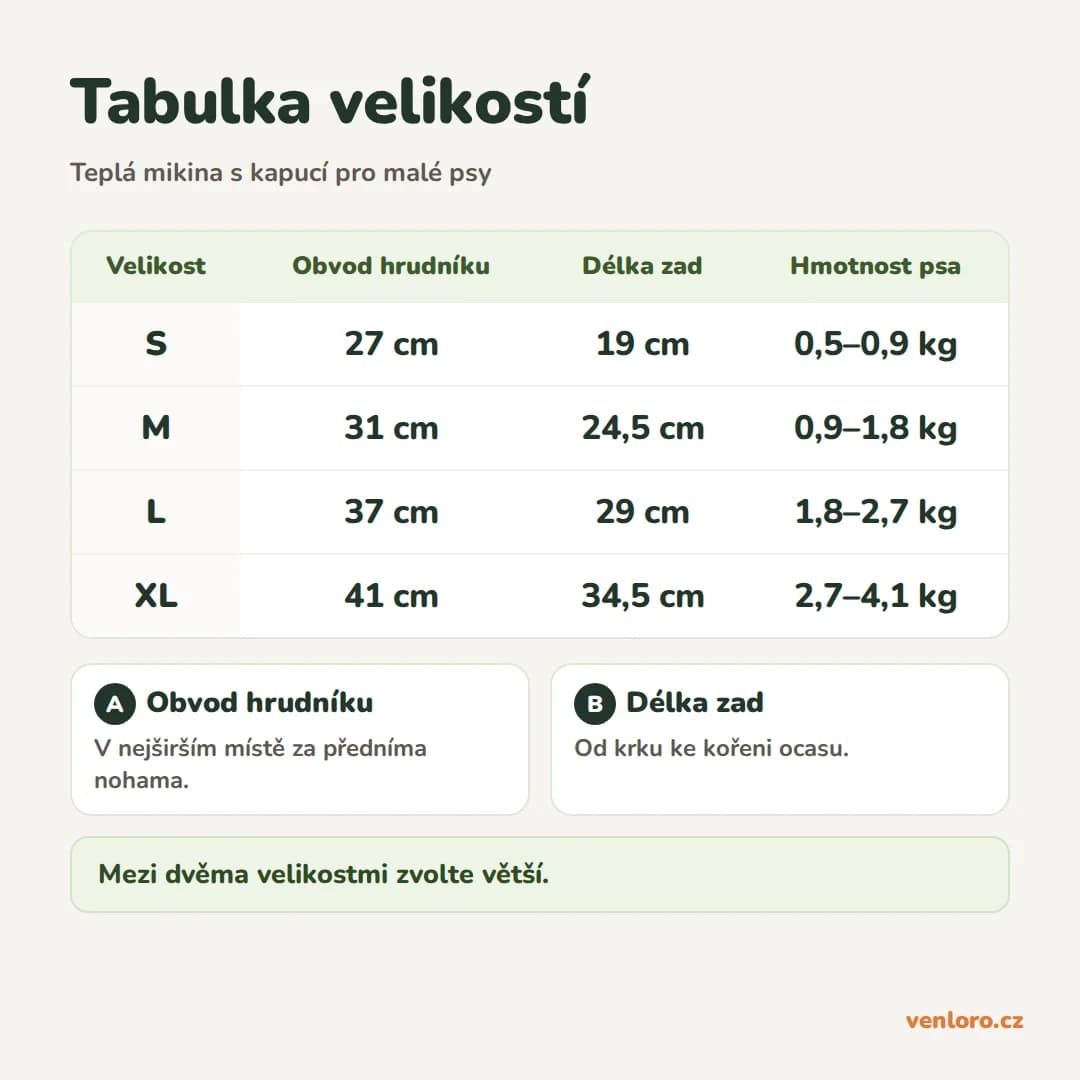 Teplá mikina pro psy s kapucí, S–XL – Tabulka velikostí