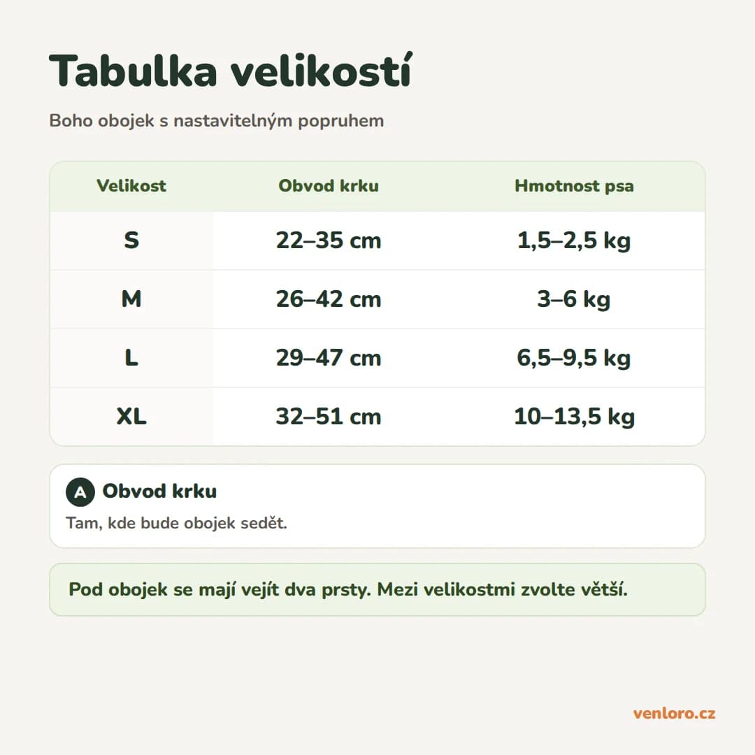 Boho obojek pro psy s nastavitelným popruhem, S–XL – Tabulka velikostí