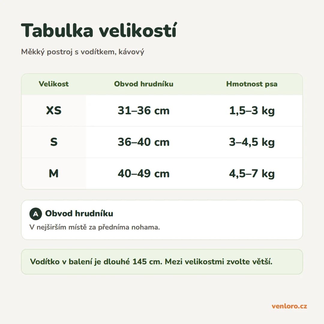 Měkký postroj pro malé psy s vodítkem, kávový, XS–M – Tabulka velikostí
