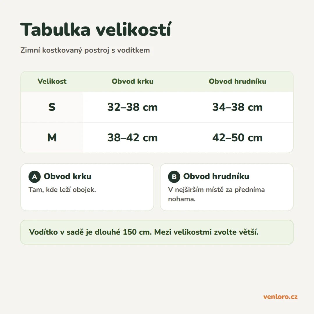Zimní kostkovaný postroj pro malé psy s vodítkem a taštičkou – Tabulka velikostí