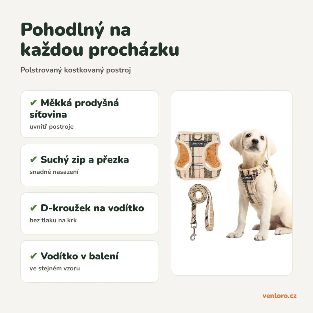 Kostkovaný postroj pro malé psy s vodítkem, meruňkový, S a M – Pohodlný na každou procházku